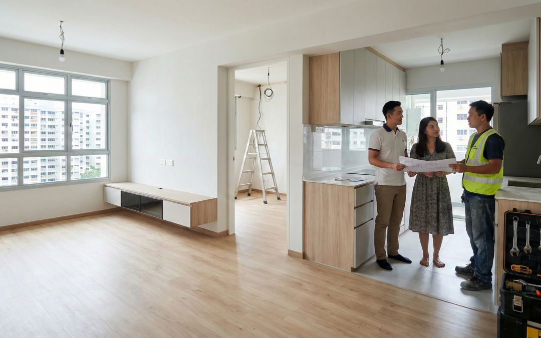 Renovated 4 room HDB flat in Singapore showing living room and kitchen upgrades