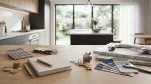 Hardcover planning notebook with pens, calculator, cash banknotes, coins, keys with miniature house charm, paint swatch fan deck, spanner wrench, chrome kitchen mixer tap, and marble slabs on a wooden table.