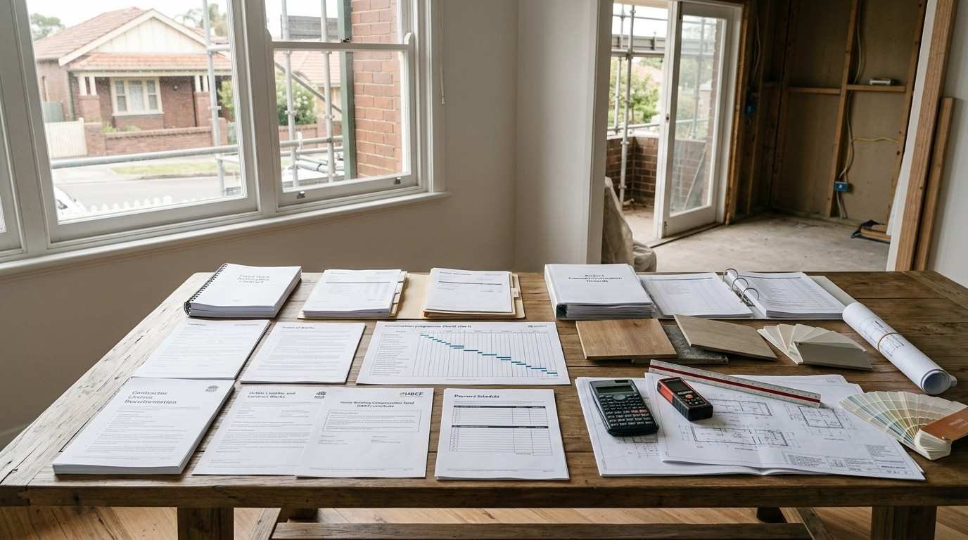 Sydney gut renovation planning workspace with builder contracts, quotations, licence and insurance documents, construction schedules, and variation paperwork illustrating contractor due diligence before signing.