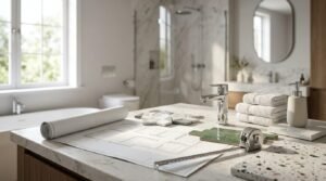 Architectural floor plan blueprint laid out on a marble countertop with tile swatches, chrome faucet, tape measure, folded towels, and terrazzo sample inside a modern bathroom.
