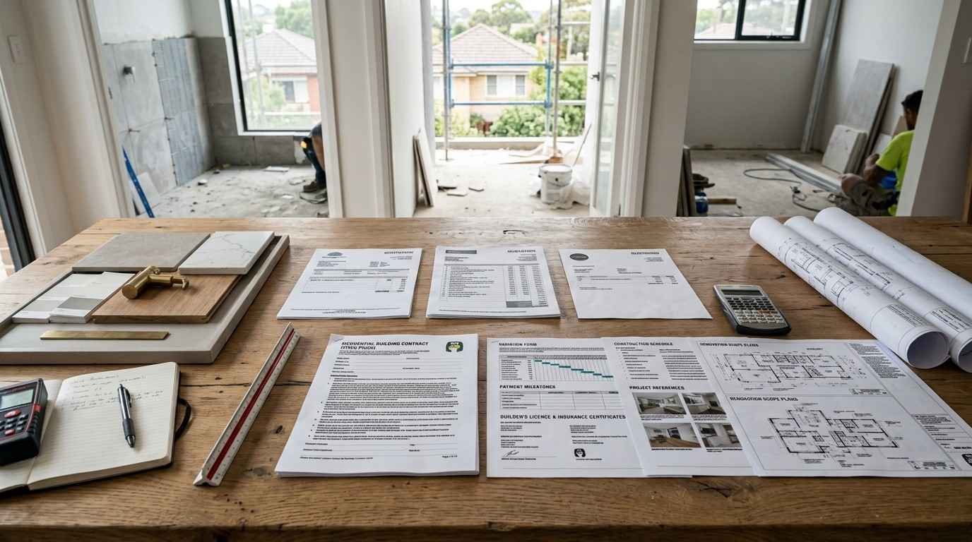 Sydney renovation planning workspace with three builder quotes, contract documents, licence and insurance records, and renovation plans illustrating how to select a builder for a $100,000 project.