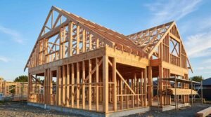 Two-story residential house under construction featuring exposed timber framing, wall studs, and roof trusses against a clear blue sky.