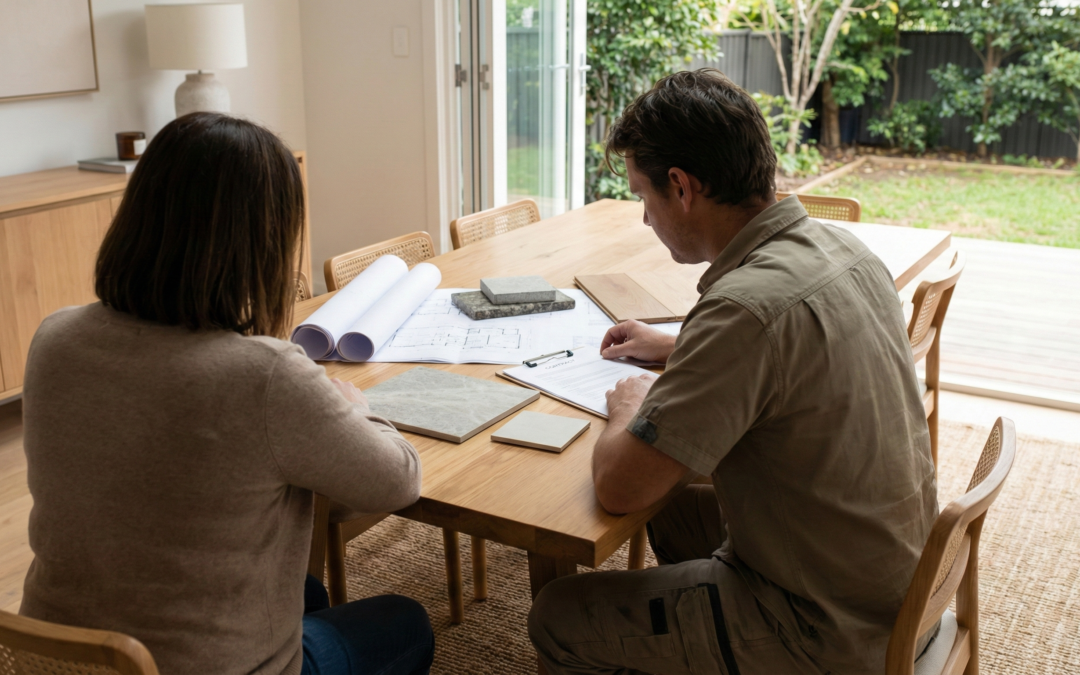 Sydney homeowner reviewing renovation plans and contract while discussing important questions to ask a licensed home renovation builder before starting a project in Australia.
