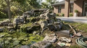Backyard rock waterfall and algae-covered garden pond with an exposed water filtration pump, rake, shovel, gardening gloves, and coiled hose in front of a modern brick home.