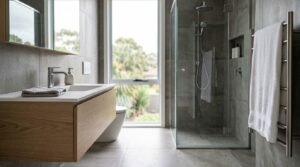 Modern bathroom renovation with a floating oak timber vanity, chrome basin mixer, frameless glass corner shower enclosure, heated towel rail, and large grey porcelain tiles.