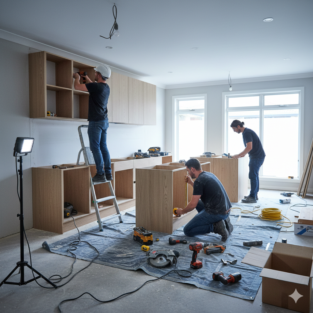 Medium documentary construction photograph on a Sydney home kitchen renovation site, showing tradespeople in focus installing new base cabinets and using levelling tools under worksite lighting.
