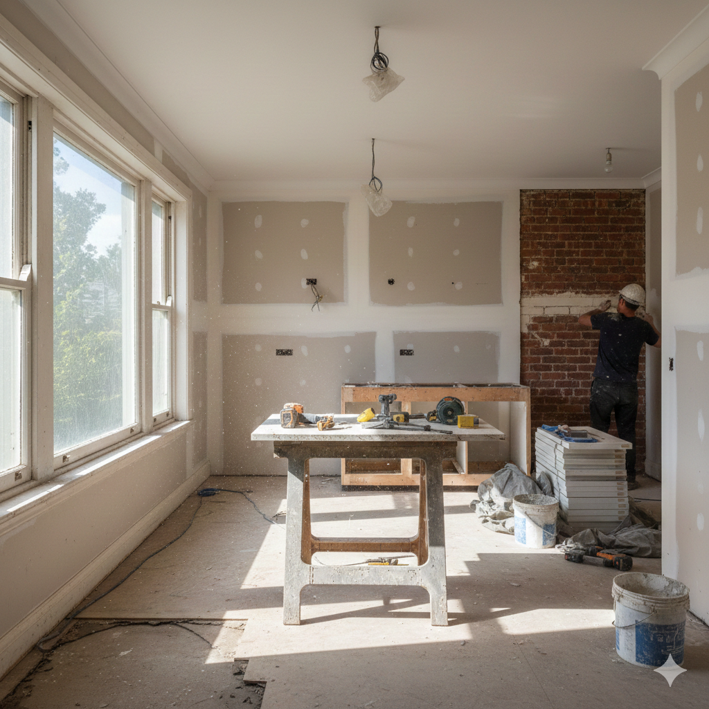 Medium-wide documentary photograph of a Sydney residential kitchen mid-renovation, showing removed lower cabinetry, exposed wall studs, old benchtops being prepped for removal, and temporary work lighting.