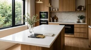 Modern kitchen island with a white marble countertop, a vase of olive branches, and stone material samples, with warm timber cabinetry in the background.