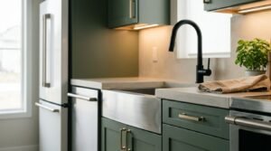 Modern kitchen renovation featuring olive green shaker cabinets with brushed brass handles, concrete countertops, stainless steel farmhouse apron-front sink, and a matte black gooseneck faucet.