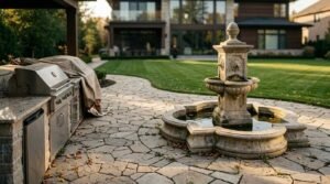 Classical tiered stone water fountain and built-in stainless steel outdoor kitchen grill on an irregular flagstone patio beside a manicured green lawn and modern luxury home.