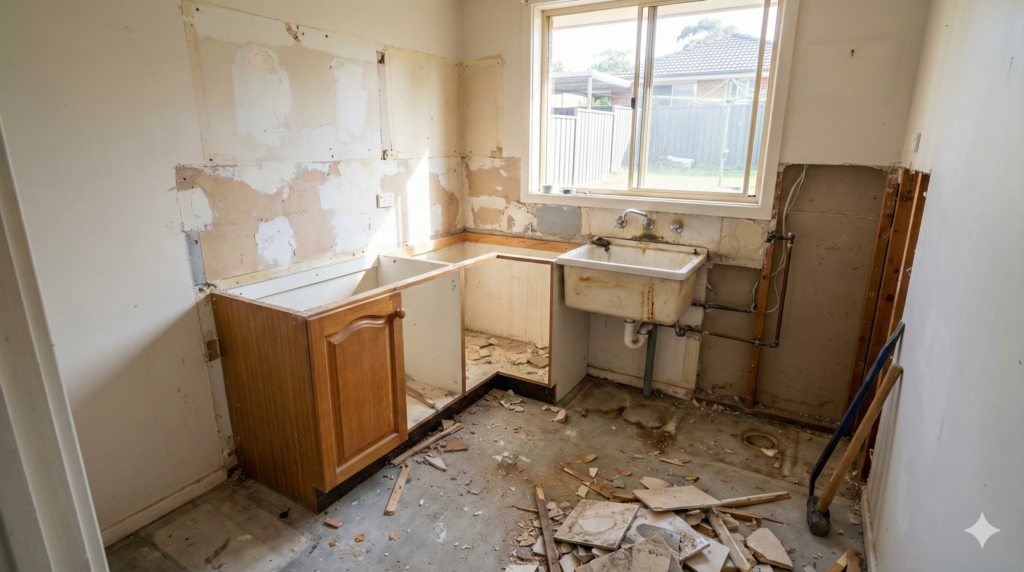  A medium-wide documentary renovation photograph of a residential Sydney laundry mid-demolition, showing removed cabinetry, exposed wall framing, and an old sink yet to be disconnected.