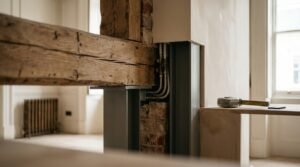Structural restoration detail showing a heavy rustic timber beam supported by modern steel columns, exposed brickwork, concealed utility pipework, and a tape measure on a ledge.