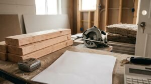 Blank paper document on a dusty construction table with stacked lumber planks, tape measure, house keys, calculator, circular saw, and insulation batts in an unfinished room.