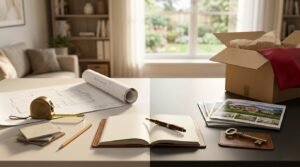 Split-toned desk presenting a renovate versus sell decision, featuring architectural blueprints, tile samples, and a tape measure on the left, an open leather notebook in the center, and a moving box with real estate brochures and house keys on the right.