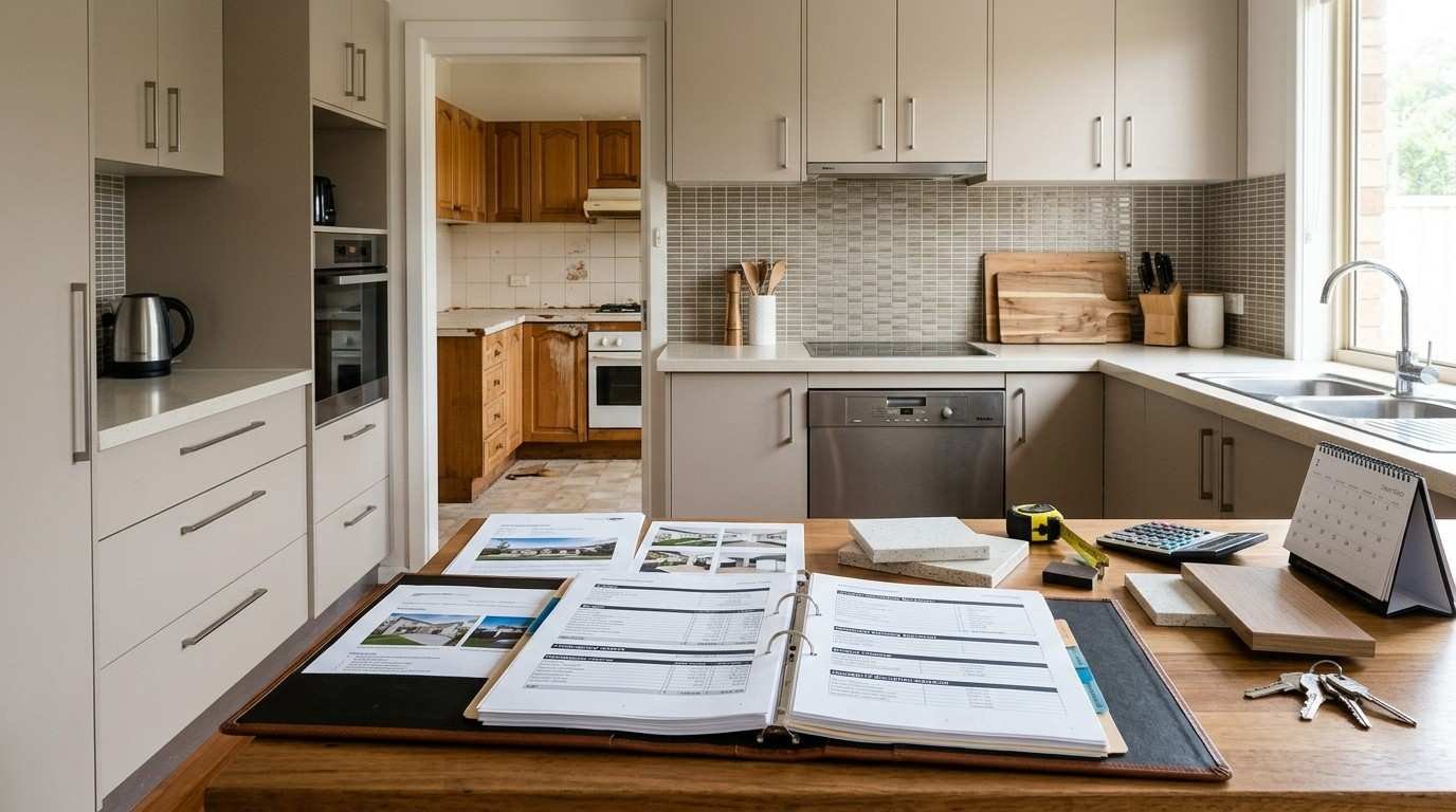 Sydney kitchen renovation decision scene with property comparisons, budget, contingency, finance, approval, and timeline documents, contrasting a dated kitchen with a genuinely dysfunctional one.