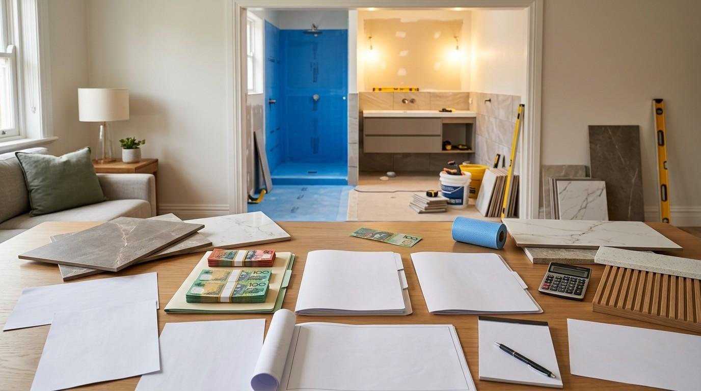 Sydney bathroom renovation financing decision scene showing savings, refinancing, personal-loan documents and renovation planning materials used to balance funding cost with renovation quality and ROI.