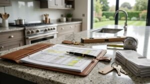 Open leather portfolio with an itemized budget spreadsheet and fountain pen on a granite kitchen island beside contractor invoices, house keys, spirit level, and measuring tape.