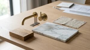 Minimalist interior design board with brushed brass wall-mounted faucet fixtures, a natural oak wood block, a Carrara marble slab, and linen fabric swatch on a light timber table.