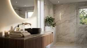 Modern bathroom with a fluted timber floating vanity, matte black round basin, wall-mounted brushed brass waterfall tap running water, backlit circular mirror, and marble-tiled walk-in shower.