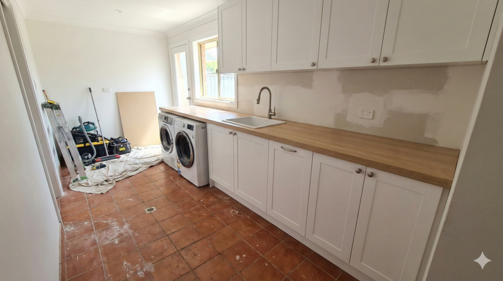  A wide professional renovation photograph of a Sydney residential laundry, featuring newly installed modern cabinetry and a benchtop, while still retaining the old flooring and with white goods in place.