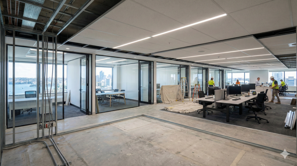  A wide construction-progress photo of a Sydney office partially renovated, featuring newly installed glass partitions, modern workstations, and upgraded task lighting next to an existing, older area.