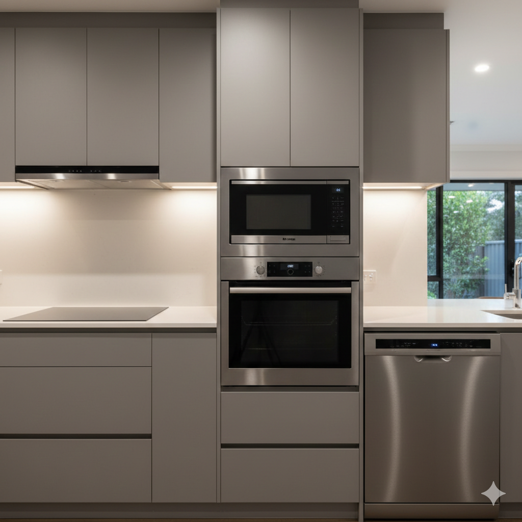 A medium interior shot of a modern Sydney kitchen featuring cleanly integrated appliances including an oven, induction cooktop, flush rangehood, and panel-ready dishwasher under soft indoor lighting.