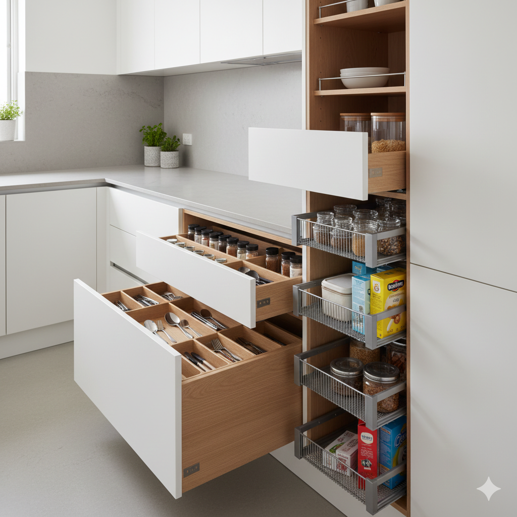 Close-to-medium professional detail shot of modern kitchen cabinetry in a Sydney residence, featuring open deep drawers, a pull-out pantry, and soft-close hardware in soft, even lighting.