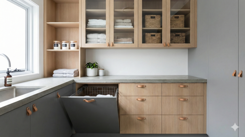  A close-to-medium interior shot of a modern laundry cabinetry installation in a Sydney home, showcasing integrated storage like pull-out hampers, overhead cabinets, and deep drawers under bright, even lighting.