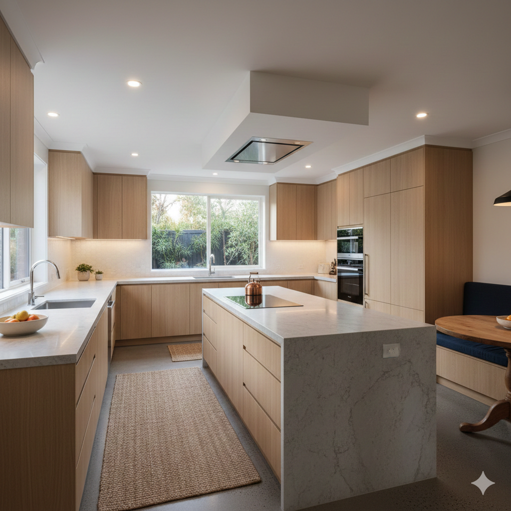 Wide-angle premium interior photograph of a mid-range modern kitchen renovation in a Sydney home, featuring an engineered stone island benchtop, soft-close cabinetry, and integrated appliances under soft daylight and warm lighting.
