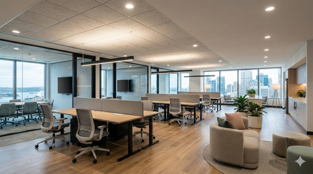 Wide-angle view of a fully renovated, high-end Sydney CBD office with open-plan desks, glass-walled meeting rooms, and contemporary breakout areas under layered professional lighting.