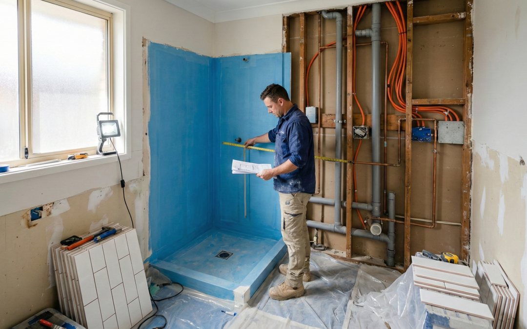 Sydney bathroom renovation showing exposed plumbing, electrical wiring, and waterproofing membranes, highlighting the most expensive hidden costs in a bathroom remodel.