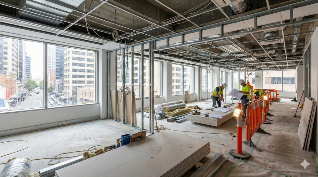 A wide documentary photograph of a Sydney commercial office interior under renovation, showing an open-plan space with partitions removed, exposed ceiling services, and visible cabling.