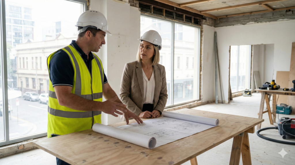  Professional on-site meeting photograph of a contractor and business owner wearing safety helmets, discussing printed renovation plans together inside a Sydney office under renovation.