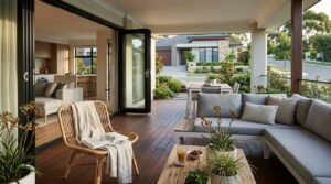 Open bi-fold glass doors connecting a modern living room and kitchen to an outdoor timber deck featuring a grey sectional sofa, rattan armchair, and alfresco dining table.