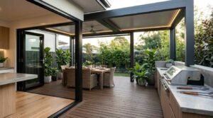 Open corner bi-fold glass doors leading from an indoor kitchen island onto a covered outdoor deck featuring a built-in barbecue kitchen, wicker dining set, integrated LED pergola lighting, and lush potted fiddle-leaf figs.