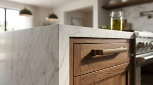 Close-up of a mitered waterfall marble kitchen island countertop framing rich natural wood grain cabinetry with a brushed brass drawer pull handle.