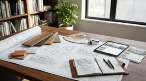 Architectural house plans and elevation drawings spread across a desk with an open renovation budget notebook, digital tablet, paint color fan deck, hardwood samples, and stone swatches.