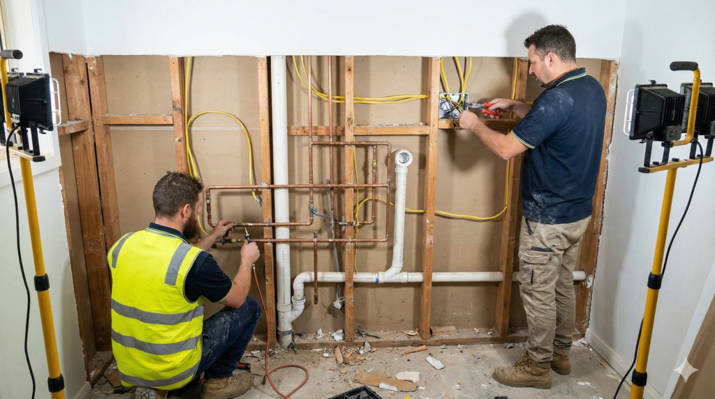 Medium documentary construction photograph of a plumber and electrician completing behind-the-walls rough-in work in a Sydney home laundry, showing exposed plumbing pipes and electrical wiring within wall cavities.