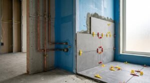Bathroom wall tile installation in progress featuring large-format grey porcelain tiles with leveling spacers on a blue waterproofed membrane, alongside exposed copper plumbing pipes.
