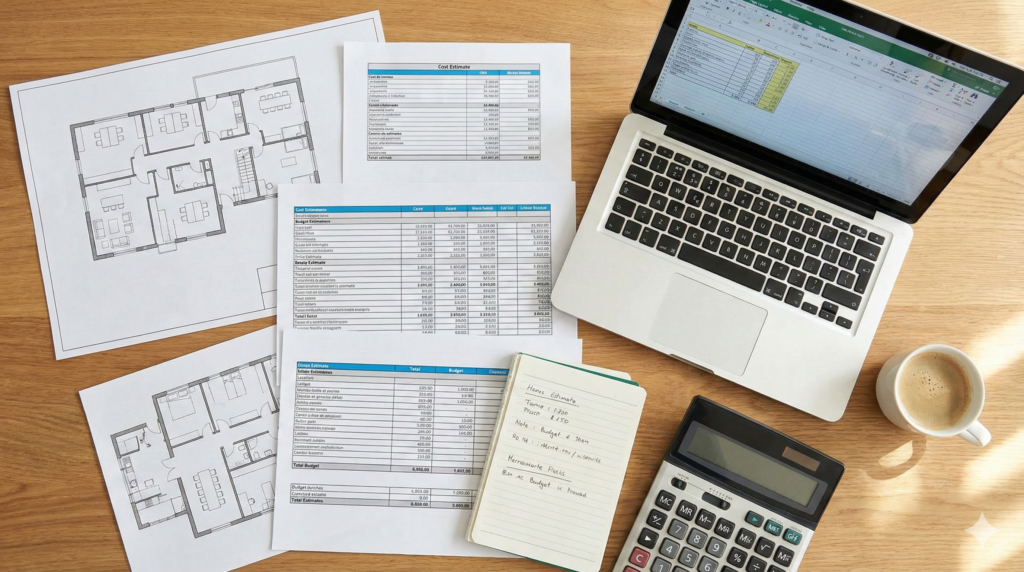 A professional top-down flat lay photograph on a desk featuring open office floor plans, printed cost estimate spreadsheets, a calculator, a laptop, and a pen for analytical budget planning of a commercial office renovation.