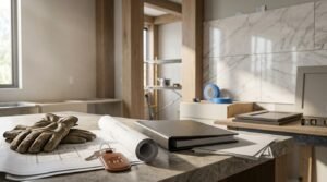 Leather work gloves, house keys on a leather keychain, architectural blueprints, and a dark portfolio binder on a stone countertop in a sunlit room under renovation with marble wall tiles and exposed timber framing.