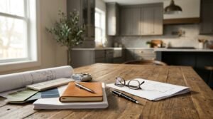 Renovation project workspace on a wooden table featuring architectural floor plans, reading glasses, pens, a leather notebook, color swatches, and tile samples, with a modern kitchen in the background.