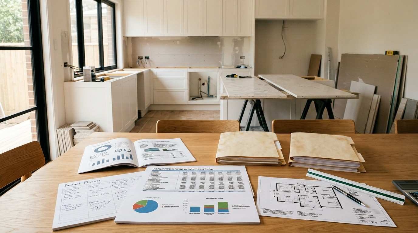 Sydney renovation financing scene showing a property valuation, mortgage refinance documents, equity calculations and renovation plans, illustrating the benefits and risks of refinancing.