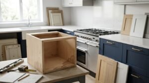 Unfinished plywood kitchen cabinet box, spirit level, measuring tape, and sketch notebook on a workbench during a kitchen remodel with newly installed navy shaker cabinets in the background.