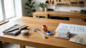 Plumbing tools and interior design materials including an adjustable wrench, copper fitting, plumber's tape, marble tiles, paint swatches, and floor plans on a wooden workbench.
