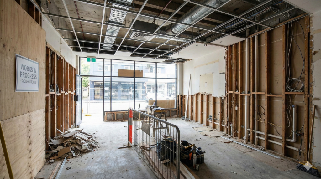 wide-angle documentary photo of a Sydney restaurant interior in mid-demolition during renovation, showing stripped walls, exposed wiring, ducting, and structural beams with natural site lighting.