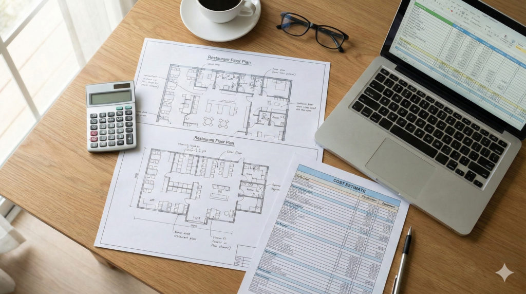 A professional top-down flat lay photo of restaurant floor plans, cost estimate documents, a calculator, and a laptop, arranged on a desk for budget planning and analysis of a renovation.