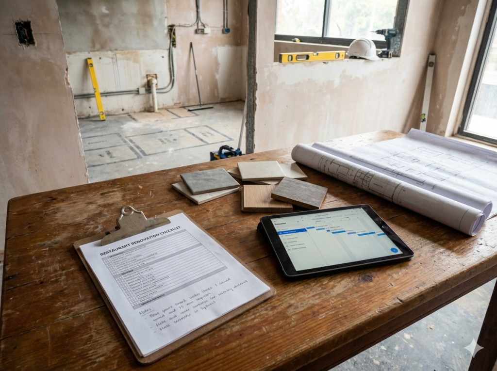 Restaurant renovation checklist with construction plans, approvals, and quality control steps
