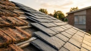 Roof replacement in progress showing new dark grey slate shingles being laid alongside old weathered clay tiles over wooden roof battens.