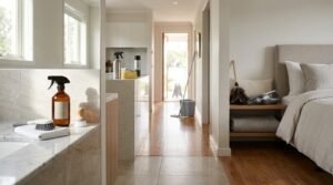 Modern residential interior showing cleaning supplies organized across connected rooms, including an amber spray bottle on a marble bathroom counter, floor mop in the hallway, and handheld vacuum in the bedroom.